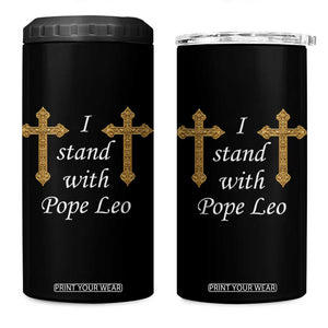 I Stand With Pope Leo Faith Graphic 4 in 1 Can Cooler Tumbler Catholic Ornate Gold Cross TS02 One Size: 16 oz Black Print Your Wear