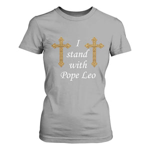 I Stand With Pope Leo Faith Graphic T Shirt For Women Catholic Ornate Gold Cross TS02 Sport Gray Print Your Wear