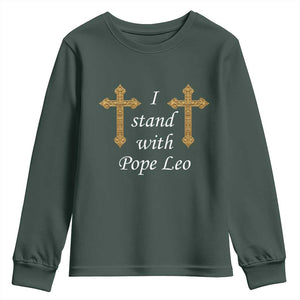I Stand With Pope Leo Faith Graphic Youth Sweatshirt Catholic Ornate Gold Cross TS02 Dark Forest Green Print Your Wear