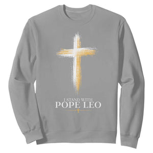 I Stand With Pope Leo Brushstroke Cross Sweatshirt Religious Christian Witness TS02 Sport Gray Print Your Wear