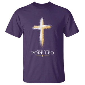 I Stand With Pope Leo Brushstroke Cross T Shirt Religious Christian Witness TS02 Purple Print Your Wear