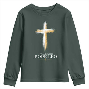 I Stand With Pope Leo Brushstroke Cross Youth Sweatshirt Religious Christian Witness TS02 Dark Forest Green Print Your Wear