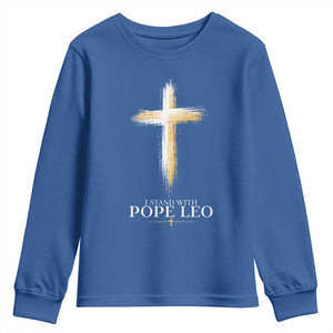I Stand With Pope Leo Brushstroke Cross Youth Sweatshirt Religious Christian Witness TS02 Royal Blue Print Your Wear