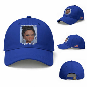Funny You Rushed Through Your Test Doll Face Meme Baseball Cap Teacher Reaction Humor Testing Day TS02 Baseball Cap Universal Fit Royal Blue Print Your Wear