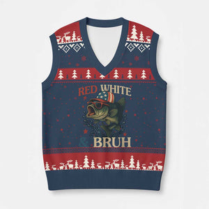 Retro Red White And Bruh Fishing V-Neck Knit Sweater Vest Funny Patriotic Bass 4th Of July TS02 Navy Red Print Your Wear
