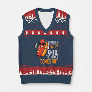 It's Not A Party Until The Wiener Comes Out V-Neck Knit Sweater Vest Funny Hot Dog Joke BBQ 4th of July Cookout TS02 Navy Red Print Your Wear