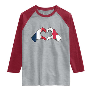 Proud Fance England Heritage Hand Heart Graphic Raglan Shirt French English Anglo Roots Cross Border Love Unity TS02 Heather Gray Heather Red Print Your Wear