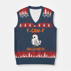 F Caw F Ghost Chicken Costume V-Neck Knit Sweater Vest Funny Cute Halloween Poultry Lover TS02 Navy Red Print Your Wear