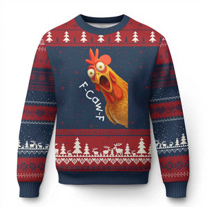 Funny F Caw F Surprise Chicken Meme Ugly Christmas Sweater Hilarious Shocked Bird Graphic for Comedy Lovers TS02 Navy Red Print Your Wear