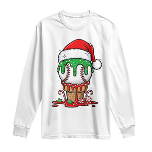 Cute Baseball Christmas Icecream Dripping Long Sleeve Shirt Holiday Ice Cream Cone with Santa Hat TS02 White Print Your Wear