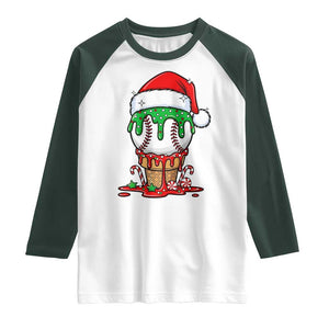 Cute Baseball Christmas Icecream Dripping Raglan Shirt Holiday Ice Cream Cone with Santa Hat TS02 White Dark Forest Green Print Your Wear
