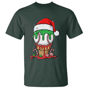 Cute Baseball Christmas Icecream Dripping T Shirt Holiday Ice Cream Cone with Santa Hat TS02 Dark Forest Green Print Your Wear