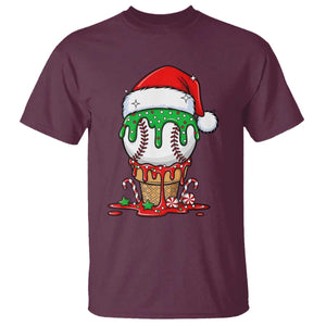 Cute Baseball Christmas Icecream Dripping T Shirt Holiday Ice Cream Cone with Santa Hat TS02 Maroon Print Your Wear