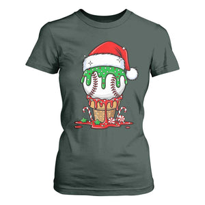 Cute Baseball Christmas Icecream Dripping T Shirt For Women Holiday Ice Cream Cone with Santa Hat TS02 Dark Forest Green Print Your Wear