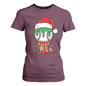 Cute Baseball Christmas Icecream Dripping T Shirt For Women Holiday Ice Cream Cone with Santa Hat TS02 Maroon Print Your Wear