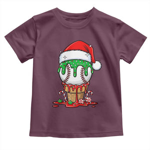 Cute Baseball Christmas Icecream Dripping Toddler T Shirt Holiday Ice Cream Cone with Santa Hat TS02 Maroon Print Your Wear