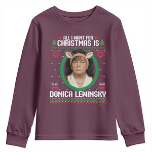All I Want for Christmas Is Donica Lewinsky Youth Sweatshirt Funny Holiday Trump Meme Political Roast Season TS02 Maroon Print Your Wear