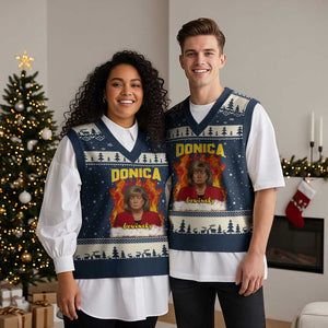 Donica Lewinsky Fire Trump Meme V-Neck Knit Sweater Vest Viral Scandal Parody Political Roast Vibes TS02 Navy Beige Print Your Wear