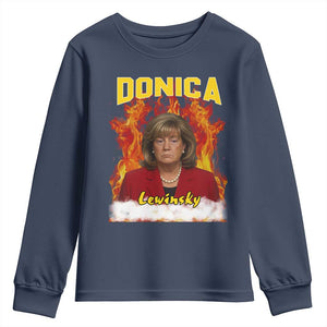 Donica Lewinsky Fire Trump Meme Youth Sweatshirt Viral Scandal Parody Political Roast Vibes TS02 Navy Print Your Wear