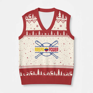 Arepa Power Baseball Crossed Bats V-Neck Knit Sweater Vest Funny Venezuelan Pride Gift for Latino Sports Fans TS02 Beige Red Print Your Wear