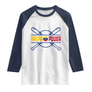 Arepa Power Baseball Crossed Bats Raglan Shirt Funny Venezuelan Pride Gift for Latino Sports Fans TS02 White Navy Print Your Wear