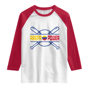 Arepa Power Baseball Crossed Bats Raglan Shirt Funny Venezuelan Pride Gift for Latino Sports Fans TS02 White Red Print Your Wear