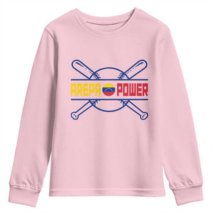 Arepa Power Baseball Crossed Bats Youth Sweatshirt Funny Venezuelan Pride Gift for Latino Sports Fans TS02 Light Pink Print Your Wear