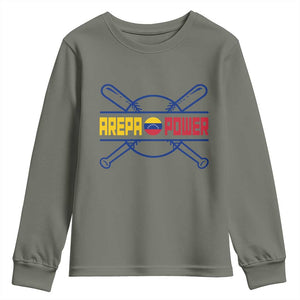 Arepa Power Baseball Crossed Bats Youth Sweatshirt Funny Venezuelan Pride Gift for Latino Sports Fans TS02 Military Green Print Your Wear