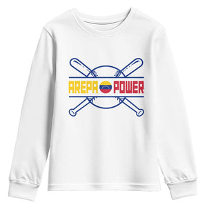 Arepa Power Baseball Crossed Bats Youth Sweatshirt Funny Venezuelan Pride Gift for Latino Sports Fans TS02 White Print Your Wear