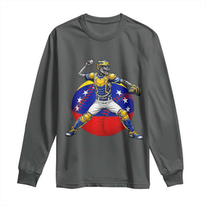 Venezuela Baseball Pitcher Skeleton Long Sleeve Shirt Venezuelan Flag Venezuela Pride Sports Fans TS02 Dark Heather Print Your Wear
