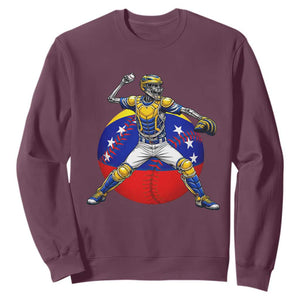 Venezuela Baseball Pitcher Skeleton Sweatshirt Venezuelan Flag Venezuela Pride Sports Fans TS02 Maroon Print Your Wear