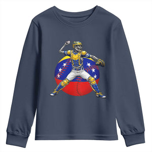 Venezuela Baseball Pitcher Skeleton Youth Sweatshirt Venezuelan Flag Venezuela Pride Sports Fans TS02 Navy Print Your Wear