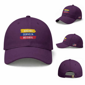 Arepas Cerveza Beisbol Venezuela Things Baseball Cap Funny Latino Food Beer and Baseball Pride TS02 Baseball Cap Universal Fit Purple Print Your Wear