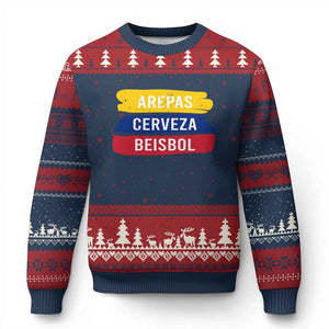 Arepas Cerveza Beisbol Venezuela Things Ugly Christmas Sweater Funny Latino Food Beer and Baseball Pride TS02 Navy Red Print Your Wear