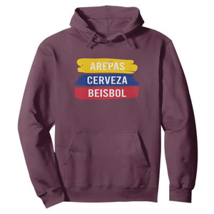 Arepas Cerveza Beisbol Venezuela Things Hoodie Funny Latino Food Beer and Baseball Pride TS02 Maroon Print Your Wear