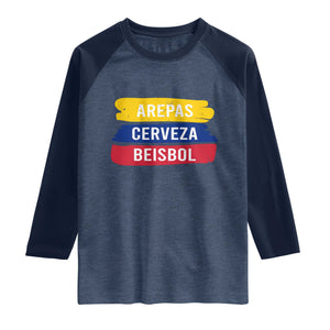 Arepas Cerveza Beisbol Venezuela Things Raglan Shirt Funny Latino Food Beer and Baseball Pride TS02 Heather Denim Navy Print Your Wear