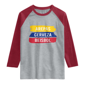 Arepas Cerveza Beisbol Venezuela Things Raglan Shirt Funny Latino Food Beer and Baseball Pride TS02 Heather Gray Heather Red Print Your Wear