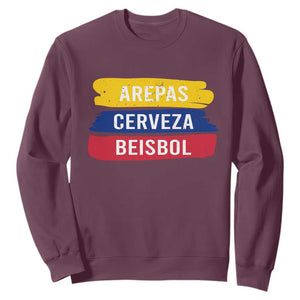 Arepas Cerveza Beisbol Venezuela Things Sweatshirt Funny Latino Food Beer and Baseball Pride TS02 Maroon Print Your Wear
