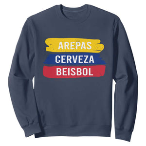 Arepas Cerveza Beisbol Venezuela Things Sweatshirt Funny Latino Food Beer and Baseball Pride TS02 Navy Print Your Wear