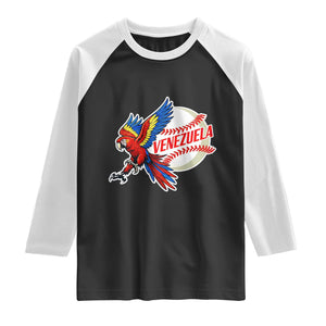 Venezuela Baseball Flying Scarlet Macaw and Ball Raglan Shirt Ara Macao Guacamaya Venezuelan Pride TS02 Black White Print Your Wear