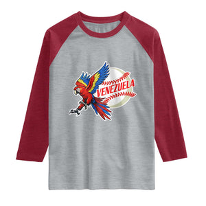 Venezuela Baseball Flying Scarlet Macaw and Ball Raglan Shirt Ara Macao Guacamaya Venezuelan Pride TS02 Heather Gray Heather Red Print Your Wear