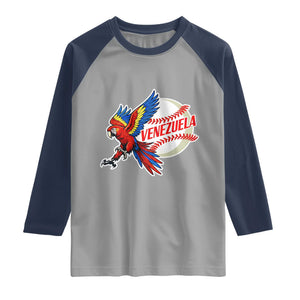 Venezuela Baseball Flying Scarlet Macaw and Ball Raglan Shirt Ara Macao Guacamaya Venezuelan Pride TS02 Sport Gray Navy Print Your Wear