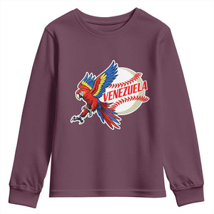 Venezuela Baseball Flying Scarlet Macaw and Ball Youth Sweatshirt Ara Macao Guacamaya Venezuelan Pride TS02 Maroon Print Your Wear
