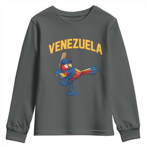 Venezuela Baseball Macaw Batter Youth Sweatshirt Ara Macao Guacamaya Venezuelan Pride TS02 Dark Heather Print Your Wear