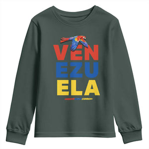 Venezuela Pride Flying Scarlet Macaw Youth Sweatshirt Ara Macao Guacamaya Venezuelan Pride Tropical Bird TS02 Dark Forest Green Print Your Wear