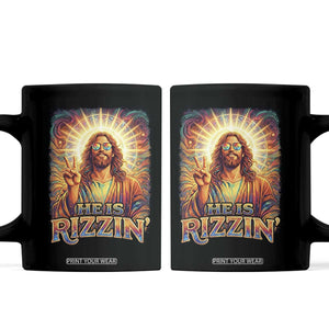 Funny Christian Easter He Is Rizzin Coffee Mug Trendy Jesus Humor with Sunglasses Faith Based Meme Gift TS02 Black Print Your Wear