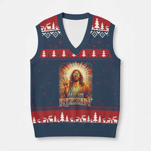 Funny Christian Easter He Is Rizzin V-Neck Knit Sweater Vest Trendy Jesus Humor with Sunglasses Faith Based Meme Gift TS02 Navy Red Print Your Wear
