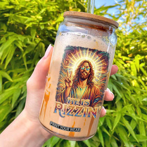 Funny Christian Easter He Is Rizzin Glass Can Trendy Jesus Humor with Sunglasses Faith Based Meme Gift TS02 Black Print Your Wear