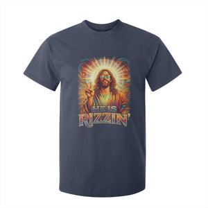 Funny Christian Easter He Is Rizzin T Shirt For Kid Trendy Jesus Humor with Sunglasses Faith Based Meme Gift TS02 Navy Print Your Wear