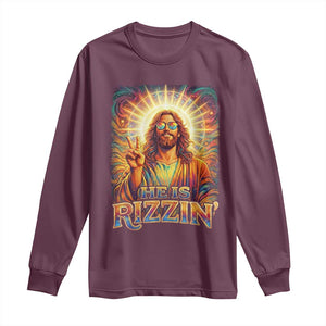 Funny Christian Easter He Is Rizzin Long Sleeve Shirt Trendy Jesus Humor with Sunglasses Faith Based Meme Gift TS02 Maroon Print Your Wear